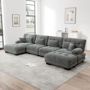 Canap&eacute; d'angle 4 places avec 6 coussins, canap&eacute; en U, tissu chenille, rembourrage en mousse, meuble de salon, 406 &times;145&times;81cm, gris
