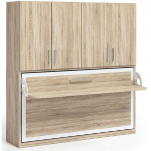 Les Tendances - Lit escamotable horizontal 140x190 avec bureau et armoire 4 portes Spako-Couleur Rouge-Dimensions Profondeur 34,5 cm-Avec matelas