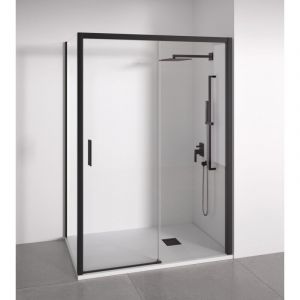 Paroi de douche angulaire 1 coulissante + 2 fixes - Verre 6mm - Noir mat - Largeur 105-110 x 87-90cm - Porte gauche - Hauteur 195cm