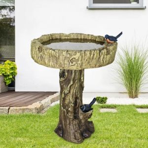 Fontaine de jardin 46x46x62 cm, bain d'oiseaux en béton aspect bois avec imitations d'oiseaux décoratives, fontaine et cascade pour jardins et