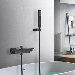 Tonchean - Robinet de baignoire, robinet de baignoire en cascade, avec douche, robinet de salle de bain mural, 2 boutons, noir