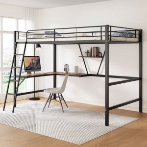Lit mezzanine 90x200 cm, avec bureau en forme de l , escalier, étagère, sommier à lattes, cadre en métal, clôture de sécurité, Lit enfant - Noir