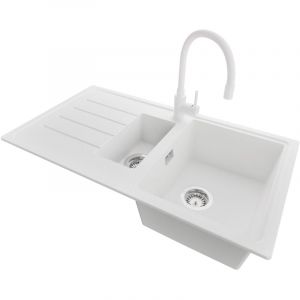 PRIMAGRAN Evier Cuisine en Granit 90x50cm,Lavabo 1,5 bacs + Robinet 38x14cm + Kit de Vidage, Évier à Encastrer au meuble 60cm - Copenhague Duo, Blanc