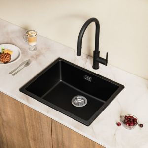 Cecipa Max - jamais utilise] Evier en Quartz et Résine 55x44x20cm, Evier 1 Bac en Granit Noir Gris, Evier de Cuisine à Poser/à Encastrer/Sous-plan