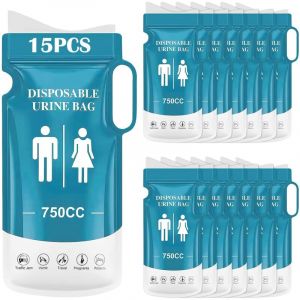 15 Pi&egrave;ces Sacs &agrave; Urine Jetable, 750ml Urinoir Femme Portable avec Poign&eacute;e, Portables Sacs &agrave; Pot de Chambre Adulte, Sac a Vomi pour Homme Enfant pour