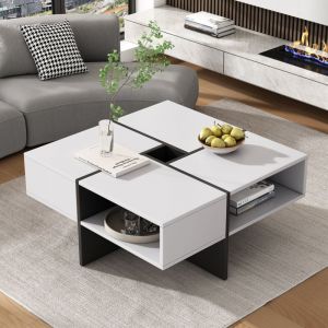 Table basse carrée moderne 70x70x35cm - design noir et blanc, 5 compartiments ouverts, compartiment de rangement central 10x10cm, capacité de charge