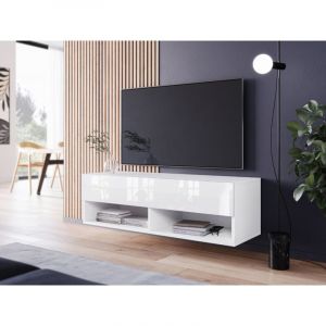 Bratex - Meuble tv Lowboard a 100 cm, meuble tv sans &eacute;clairage led, deux &eacute;tag&egrave;res, couleur blanc / blanc brillant