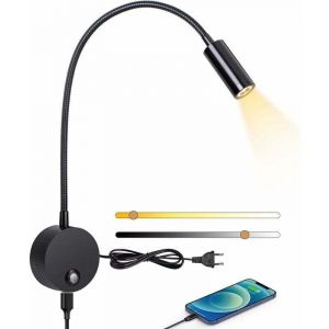 Liseuse murale,Lampe de chevet murale LED avec interrupteur tactile dimmable et port de charge USB,3W liseuse de lit pivotante &agrave; 360&deg;avec prise et