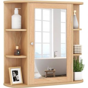 COSTWAY Armoire Murale de Salle de Bains avec Miroir avec Etag&egrave;res R&eacute;glables et Compartiments Ouverts Armoire &agrave; Pharmacie pour Toilette (Naturel)
