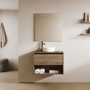 Amizuva - klein 70cm Meuble et vasque avec un tiroir et un niche, Chêne Vulcano.
