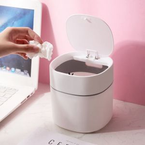Ahlsen - Mini poubelle de bureau - Poubelle de bureau - Poubelle de bureau en plastique créative avec couvercle à bouton - Petite poubelle de bureau