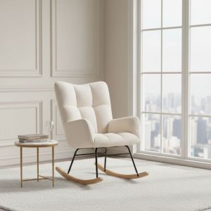 Fauteuil &agrave; bascule, rocking chair, chaise &agrave; bascule, avec coussins capitonn&eacute;s - pieds en bois et structure en m&eacute;tal, tissu - Blanc