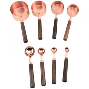 Cuill&egrave;res et Tasses &agrave; Mesurer en Acier inoxydable, Lot de 8, 4 Cuill&egrave;res &agrave; Mesurer, 4 Tasses &agrave; Mesurer, Manche en Bois, Cuillere Doseuse pour Mesurer