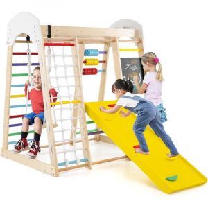 8 en 1 Aire de Jeu Portique Escalade Enfant en Bois avec Toboggan,Chevalet, Mur&Filet&Barre& Échelle Escalade Échelle Balançoire, Jeu de Calcul pour