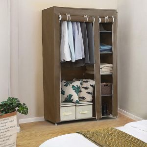 Armoire de Rangement Garde-Robe, Penderie de vêtement Pliable en Tissu Non-tissé, avec Compartiments et Tringles, 2 Portes, Marron 110 x 45 x 178cm