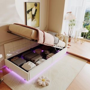 Lit coffre 90x200 avec sommier &agrave; lattes, rangement hydraulique, &eacute;clairage LED, t&ecirc;te de lit en L, capitonn&eacute; velours, convient aux enfants,