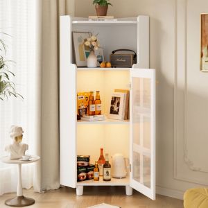 Meuble d&lsquo;angle, Rangement d&lsquo;angle avec LED - Contr&ocirc;le application, 2 niveaux, finition laqu&eacute;e, colonne de salle de bain - 63,5x124 cm - Blanc