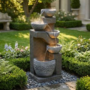 Fontaine de Jardin avec &Eacute;clairage LED &ndash; Rev&ecirc;tement Pierre Artificielle, Pompe &agrave; Eau, Jeu d&rsquo;Eau pour Ext&eacute;rieur et Int&eacute;rieur &ndash; Gris, B