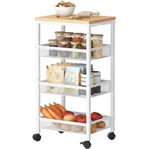 Relaxdays chariot niche HxLxP 77x22x45 cm, &eacute;tag&egrave;re &eacute;troite pour salle de bains & cuisine, 4 niveaux, m&eacute;tal/bois blanc