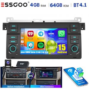 Autoradio DAB+ 7" Android 15 32/64 Go pour BMW S&eacute;rie 3 E46 318 320 avec navigation GPS, Wi-Fi et CarPlay - 4+64G DAB+ CAM