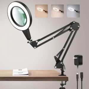 Loupe avec lumi&egrave;re et support, lampe de bureau loupe 8X en verre v&eacute;ritable 2 en 1 et clip, commande tactile 3 modes LED loupe lumineuse &agrave; intensit&eacute;