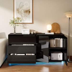 Meuble bas de enfilade 160x76x35 cm avec &eacute;clairage LED, 3 tiroirs et armoire de rangement, buffet laqu&eacute; brillant - Noir