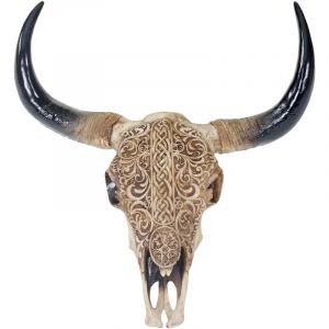 Mendler - Crâne de décoration taureau 45cm, polyresin, sculpture, cornes longues, intérieur/plein air – orneme