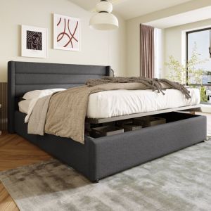 Lit coffre 140x200 cm lit double rembourr&eacute;, lit adulte avec espace de rangement et sommier &agrave; lattes en m&eacute;tal, tissu en lin, gris, sans matelas