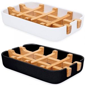 Lot de 2 Porte-Savon Bambou Bo&icirc;te &agrave; Savon Grille de Savon Plateau &agrave; Savon pour Salle de Bain Douche Cuisine Noir+Blanc