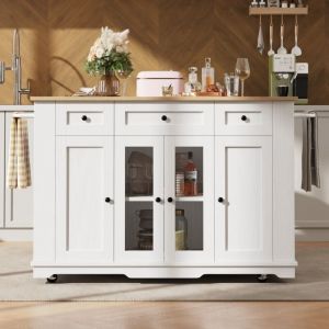 Desserte de cuisine multifonction blanche avec &icirc;lot, s&eacute;parateurs amovibles, comptoir, rangement verre tremp&eacute; et finition bois, design pratique pour