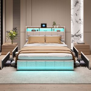 Lit 180x200cm avec tiroirs, avec t&ecirc;te de lit &eacute;clair&eacute;e LED, 4 tiroirs et 2 ports de recharge USB, sommier &agrave; lattes, lit adulte scandinave, lin, Beige