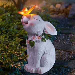 Statue de jardin solaire d'ext&eacute;rieur en forme de lapin avec lumi&egrave;res papillon et fleurs, d&eacute;coration de jardin de P&acirc;ques, cadeau unique pour femme,