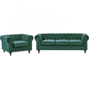 Ensemble Canap&eacute; et Fauteuil en Velours Vert Dossier &agrave; Points Diamant Chesterfield
