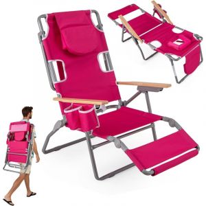 Chaise de Plage Pliante avec Trou pour le Visage, Repose-pieds, Dossier R&eacute;glable, Oreiller, Fauteuil Inclinable Portable pour Bain de Soleil, Rose