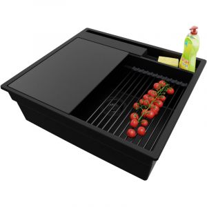 PRIMAGRAN Evier Cuisine en Granit 58x53cm,Lavabo 1 bac + Kit de Vidage + Accessoires, &Eacute;vier &agrave; Encastrer au meuble 60cm - Oslo Pocket, Tout Noir