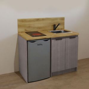Inoval - kitchenette ch&ecirc;ne gris 120cm + plaque de cuisson + refrigerateur + evier + mitigeur