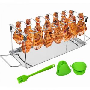 Support de Cuisse de Poulet Barbecue Pliable en Acier Inoxydable avec Espace pour 14 Cuisses ou Ailes de Poulet au Four ou au Gril, avec Bac