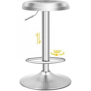 Tabouret de Bar Pivotant avec Repose-Pieds, Tabouret Haut Industriel en Acier Inoxydable, Hauteur Réglable 61-82 cm, Chaise Haute Cuisine pour