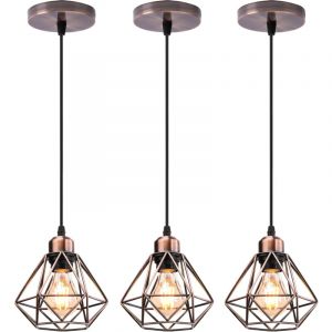 3x Lustre Suspension Industriel en M&eacute;tal Laiton rouge , Stoex Luminaire Style Vintage Design forme Cage Diamant R&eacute;tro pour Salon Chambre Salle &agrave;