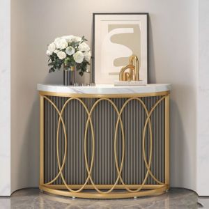 Table console en m&eacute;tal - 110 &times; 35 &times; 80cm - Table Console demi-cercle &ndash; Plateau de table imitation marbre - Or/blanc - table de hall