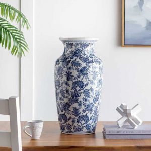 Grand vase céramique floral blanc et bleu 30x30x61cm
