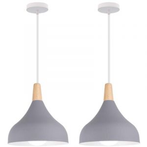 Lot de 2 suspension en m&eacute;tal et bois, lustre abat-jour &Oslash; 20cm luminaire E27 60W, Gris