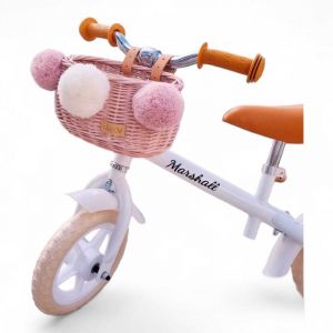 Panier en osier pour draisienne, rose, avec sangles, Dumpy MINI avec pompons.