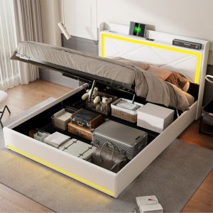 Lit coffre 160x200 cm, lit double avec sommier à lattes, tête de lit avec éclairage led et port de charge usb, simili cuir, design moderne - Beige
