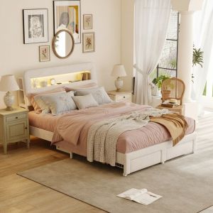 Lit 2 Places 140x200 cm avec 2 Tiroirs de Rangement - Tête de Lit Multifonction avec Niche - LED RGB - Ports USB/Type-C et Cadre en Métal