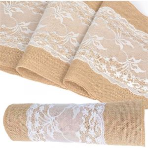 10m x 30cm Chemin de Table Toile de en Jute Dentelle, Chemin de Table en Jute Vintage avec Dentelle, Dentelle Chemin de Table en Toile de Jute, pour