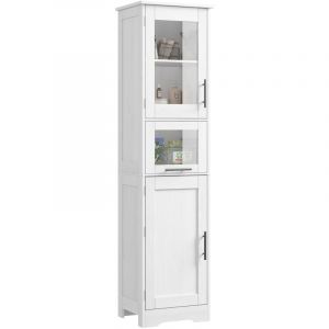 Lunsy - Meuble Colonne de Salle de Bain Armoire Cuisine avec Porte en Verre Compartiment Ouvert ,Étagères Réglables Salon Chambre 170 cm de Haut Blanc