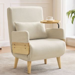 Okwish - Fauteuil convertible 3 en 1, fauteuil pliant rembourr&eacute; avec dossier r&eacute;glable et plateau en bois, tissu en lin et coton, beige, 64x69x93 cm