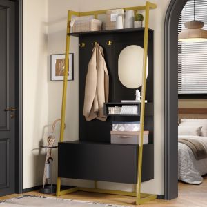 Porte-manteau avec miroir, meuble à chaussures intégré, armoire d'entrée, crochets en métal, 78x38,5x180,5cm, noir