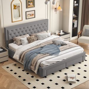 Lit 160x200 cm, lit coffre, avec t&ecirc;te de lit capitonn&eacute;e, grands tiroirs de rangement au pied du lit, lit en velours gris
